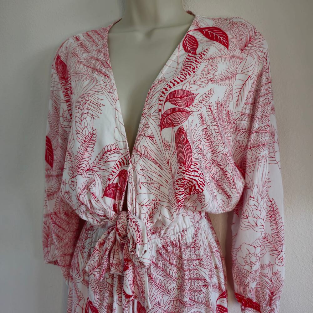 Khush Floral Tiered Midi Dress Size L White Red V-neck Boho Cottage Resort - Picture 5 of 12